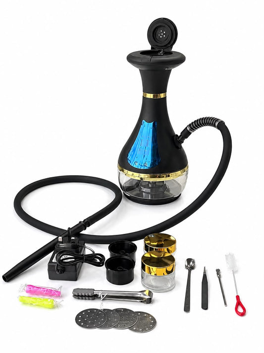 Portable Electric Shisha Hookah Set – LED Light Base with Heat Management Charcoal Burner, Silicone Hose, Cleaning Tools & Hard Travel Case
