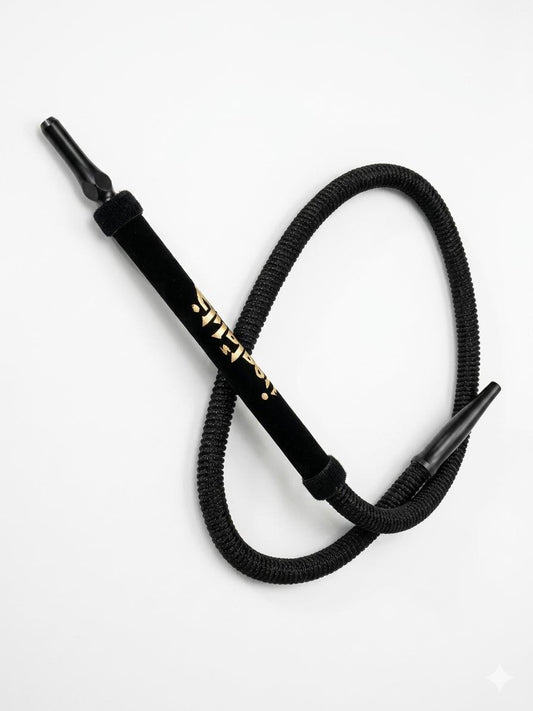 AL KHUMERY Hookah Hose Black Braided Shisha Pipe With Velvet Stem Gold Arabic Calligraphy & Black Metal Mouthpiece Tip | Premium Shisha Accessories | UAE