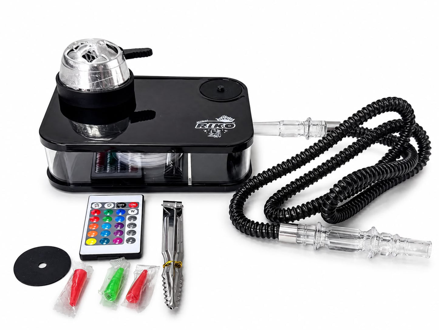 RIKO Hookah – Portable All-in-One Shisha Set with LED Light & Remote Control | 100% Original Compact Design – Complete Kit with Hose, Charcoal Holder, Tongs & Mouthpieces