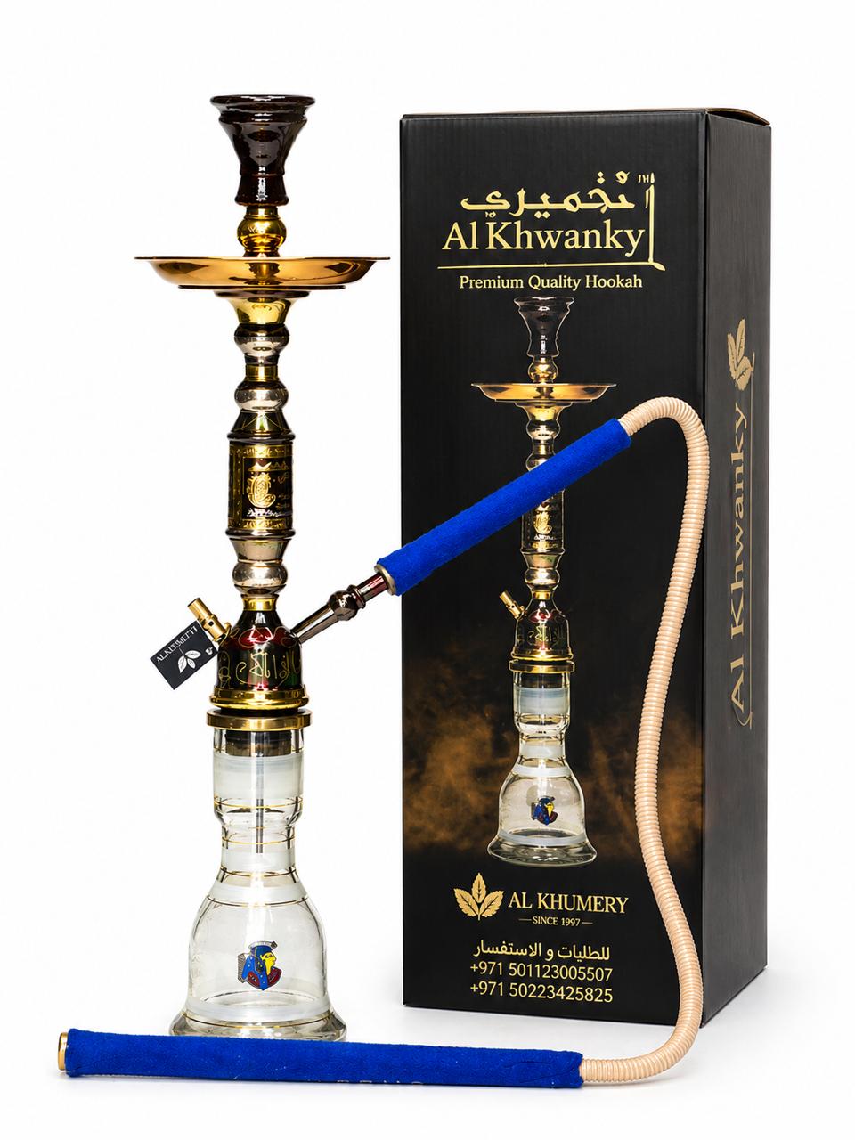 الخُميري - أرجيلة الخوانكي الفاخرة | ساق منقوشة باللونين الأسود والذهبي على الطراز المصري مع مزهرية زجاجية شفافة وخرطوم مخملي أزرق | مجموعة شيشة عربية تقليدية كاملة | الإمارات العربية المتحدة