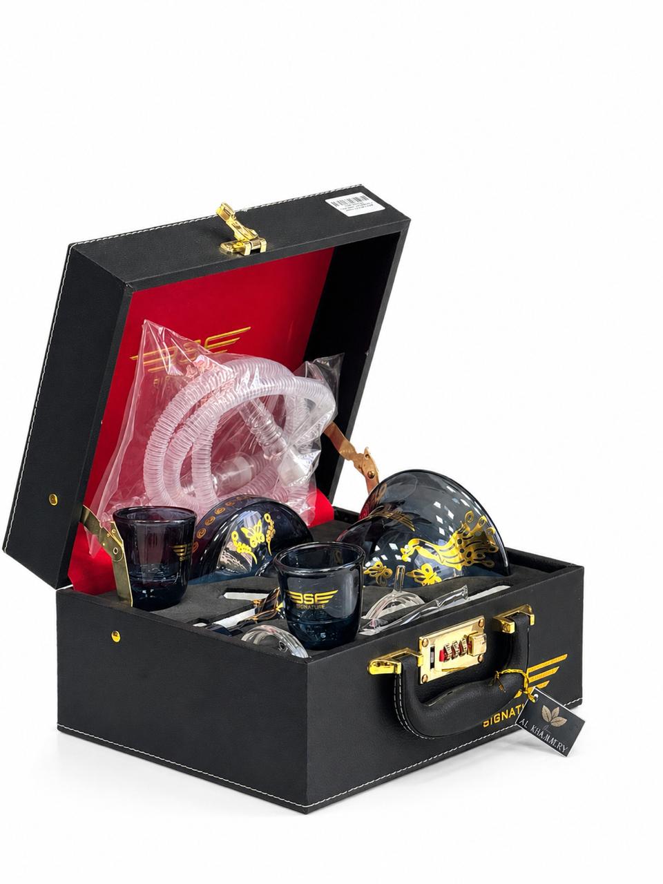 AL KHUMERY BSE Signature Mini Hookah Gift Set | Black & Gold Butterfly Glass Shisha with LED RGB Light & Remote | Clear Silicone Hose | Luxury Black Leather Briefcase with Gold Lock | UAE