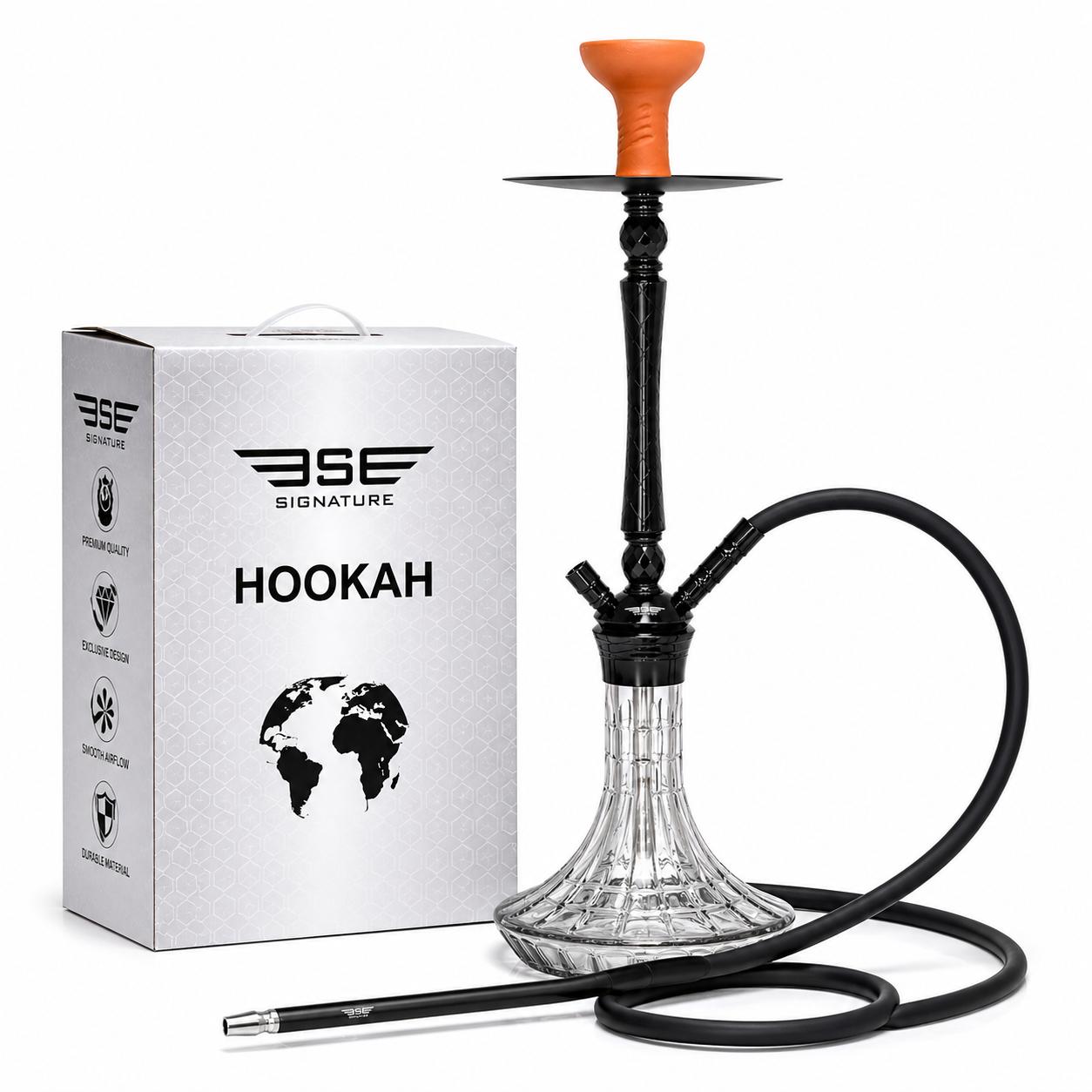 AL KHUMERY BSE SIGNATURE HOOKAH SET | DIAMOND CUT CRYSTAL GLASS BASE | ENGRAVED STEM | SMOOTH AIRFLOW SHISHA PIPE | COMPLETE SET WITH HOSE & BOWL | AVAILABLE IN GOLD, SILVER & BLACK | UAE