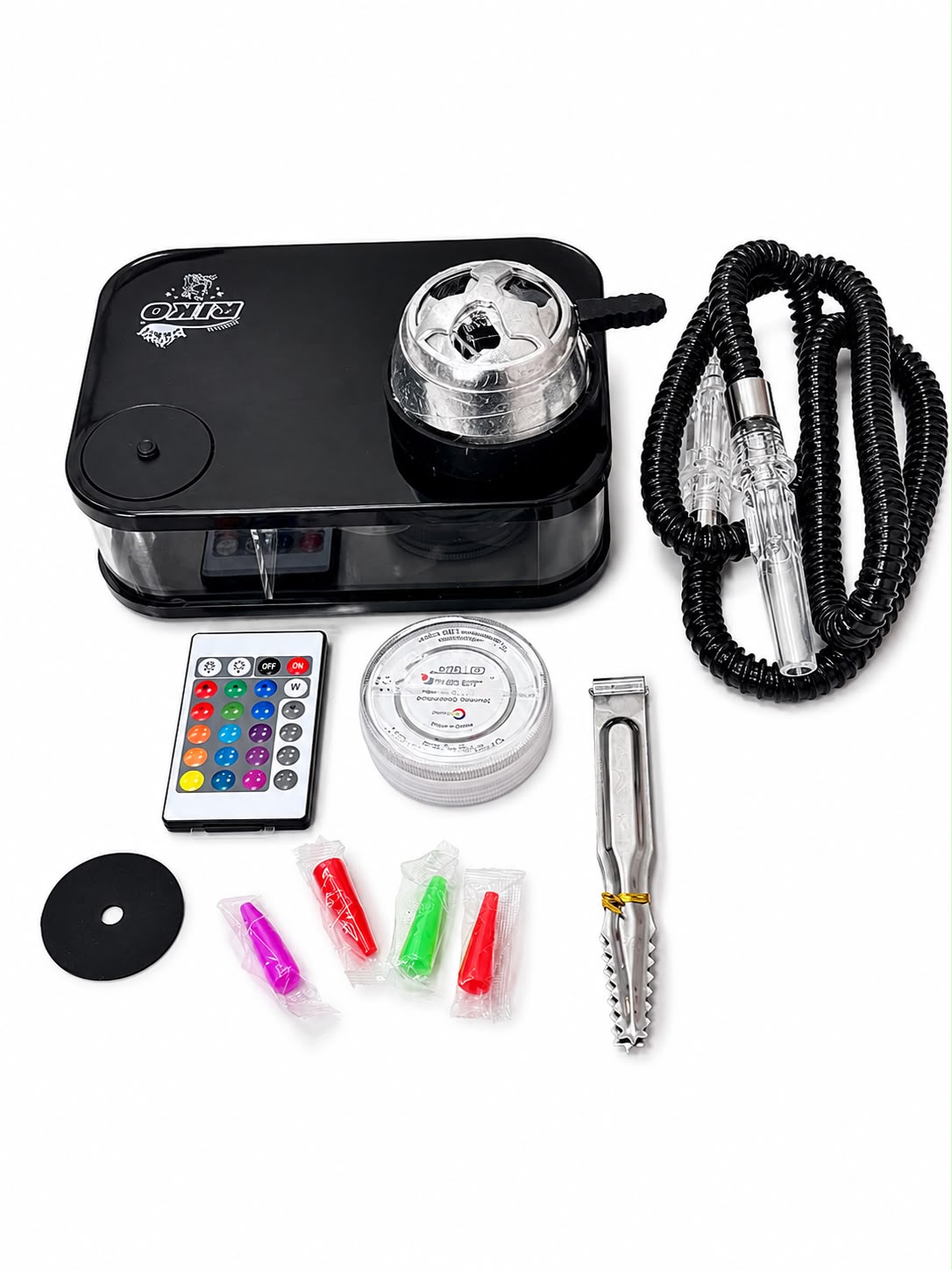 RIKO Hookah – Portable All-in-One Shisha Set with LED Light & Remote Control | 100% Original Compact Design – Complete Kit with Hose, Charcoal Holder, Tongs & Mouthpieces
