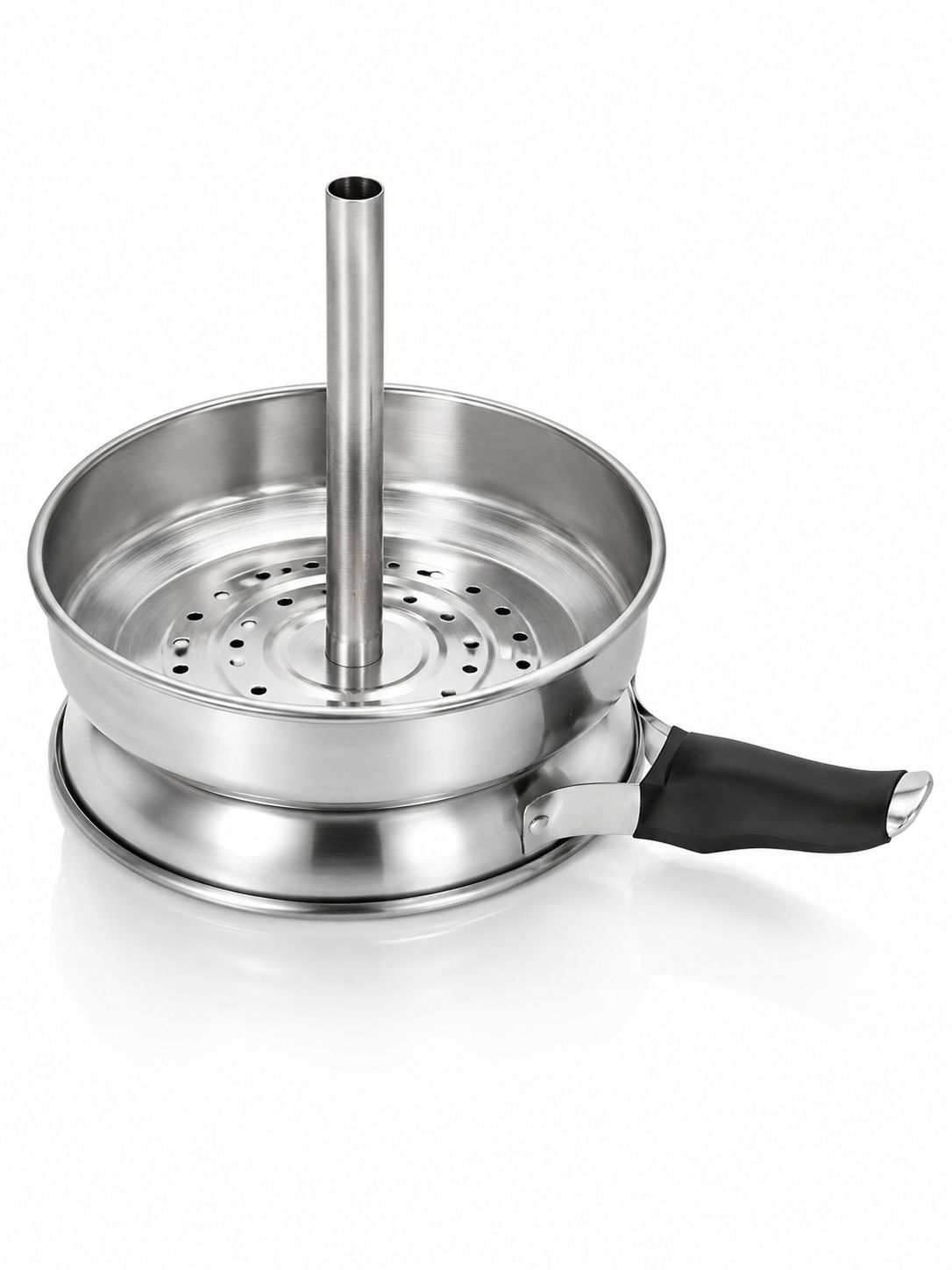 Premium Stainless Steel Hookah Charcoal Burner Pan with Stand – Vented Base & Center Pipe | Heat-Resistant Black Handle | Coal Holder Tray for Shisha | Essential Hookah Accessory