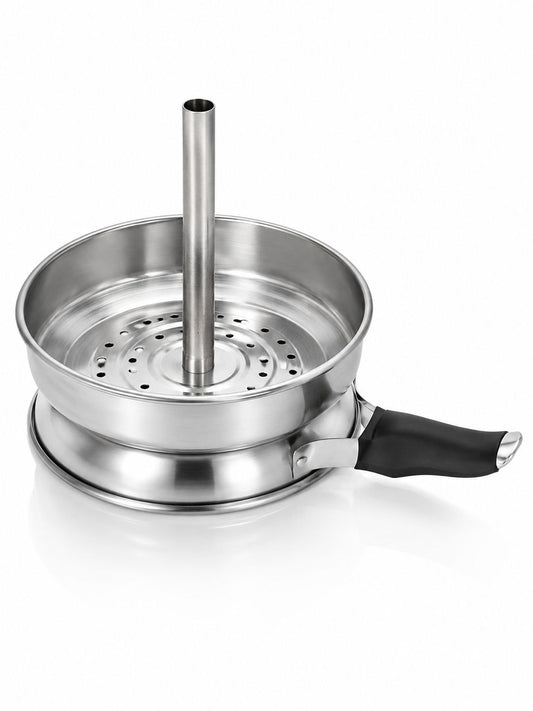 Premium Stainless Steel Hookah Charcoal Burner Pan with Stand – Vented Base & Center Pipe | Heat-Resistant Black Handle | Coal Holder Tray for Shisha | Essential Hookah Accessory