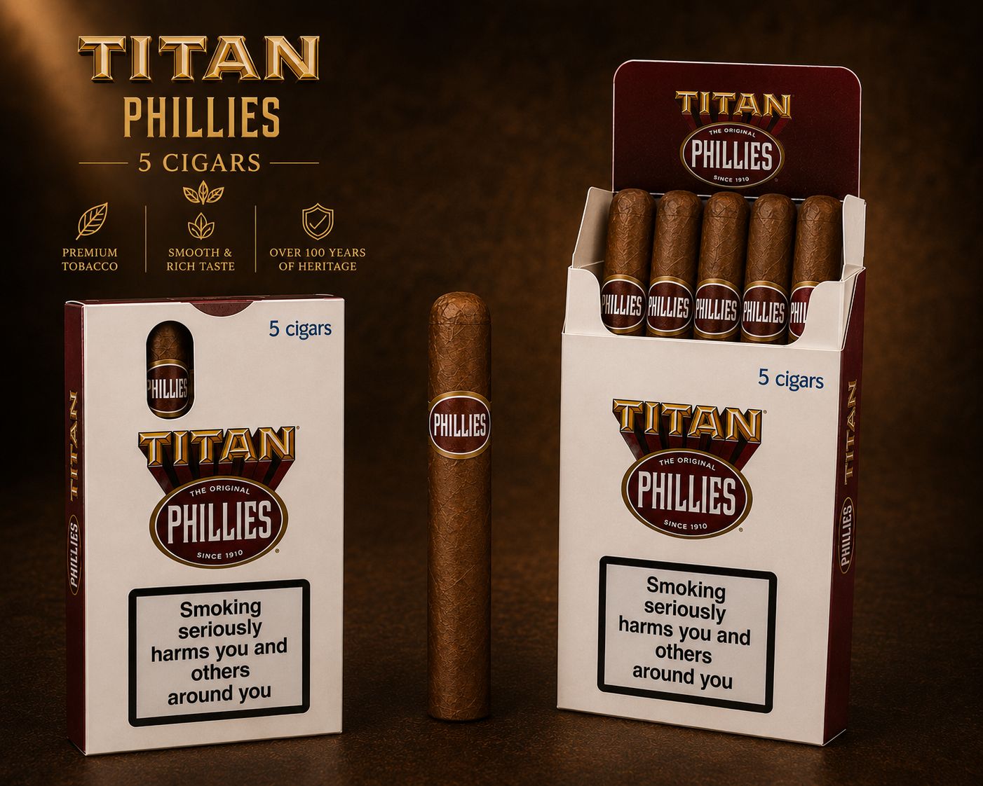 Phillies Titan Cigars – The Original Since 1910 | Over 100 Years of Heritage | Premium Tobacco | Smooth & Rich Taste | Pack of 5
