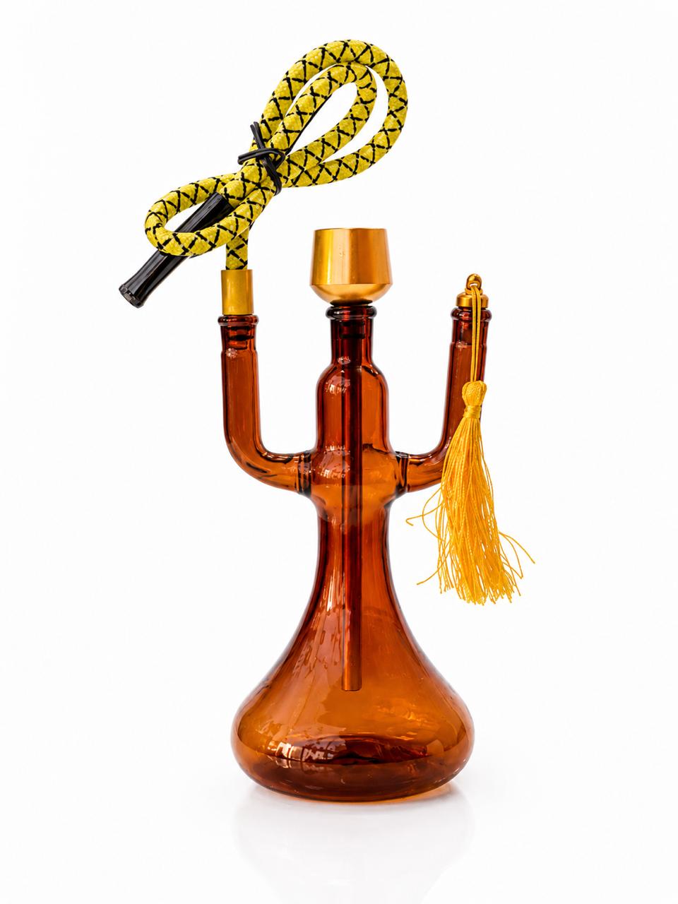 FU HAO Hand Blown Glass Hookah – Premium Amber Glass Shisha Pipe with Braided Hose & Gold Accents | Tobacco Accessory