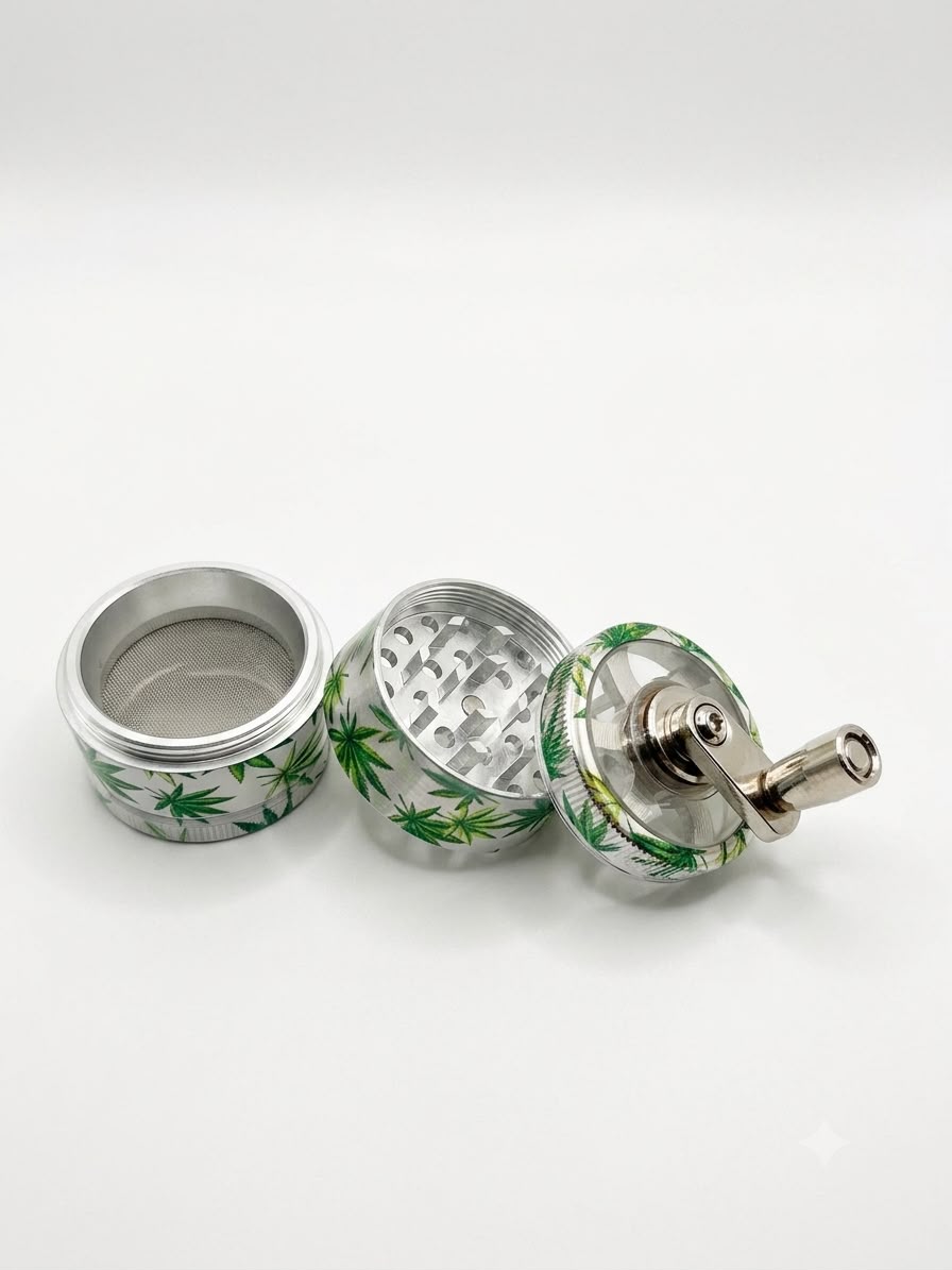 Richman 4-Piece Hand Crank Herb Tobacco  Grinder – Aluminum, Pollen Catcher (3 Color Designs)