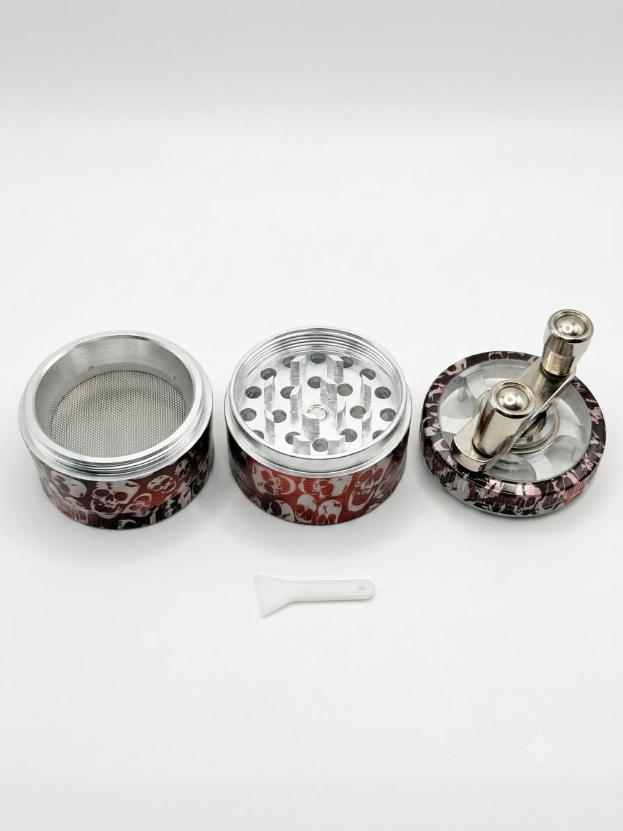 Richman 4-Piece Hand Crank Herb Tobacco  Grinder – Aluminum, Pollen Catcher (3 Color Designs)