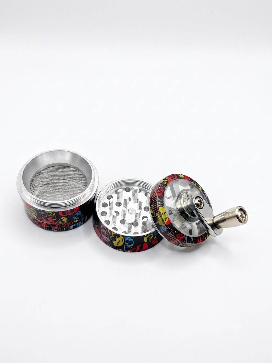 Richman 4-Piece Hand Crank Herb Tobacco  Grinder – Aluminum, Pollen Catcher (3 Color Designs)