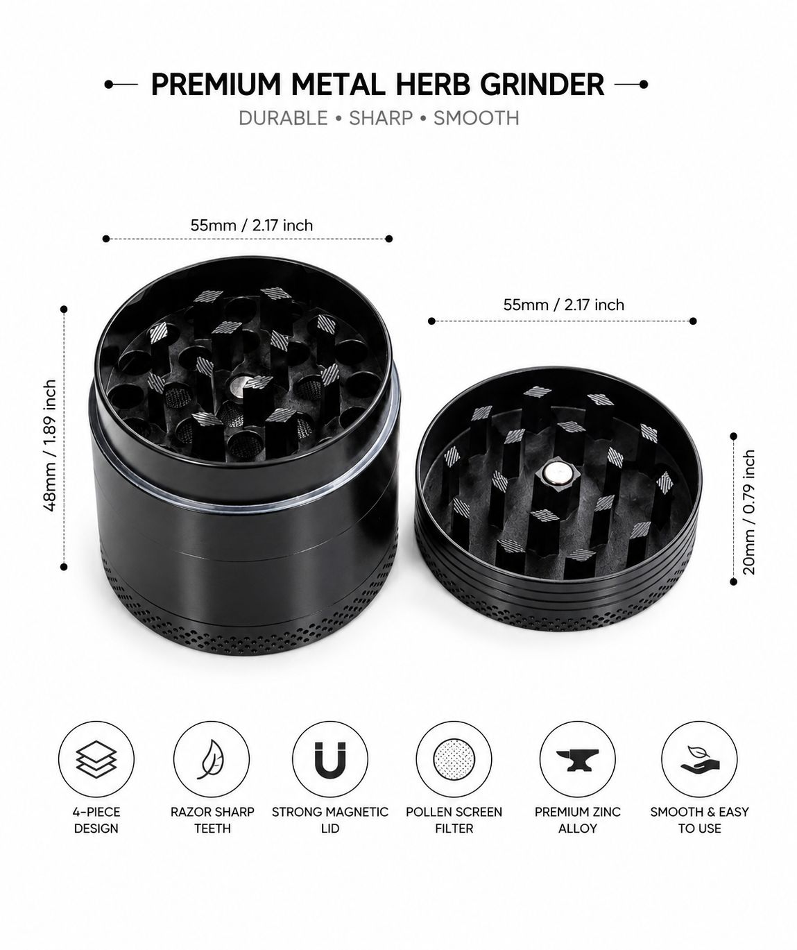 Premium - Metal Tobacco Grinder – Razor Sharp Teeth | Pollen Screen Filter | Zinc Alloy | Available in Black & Silver