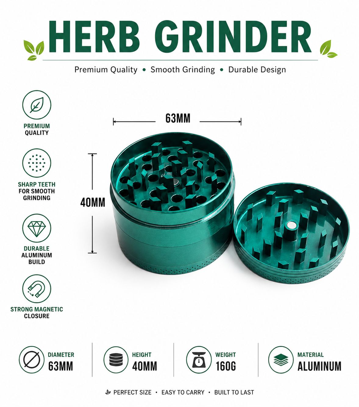 Premium Aluminum Tobacco Grinder – Sharp Diamond Teeth | Strong Magnetic Lid | 160g Durable Build | Green & Blue