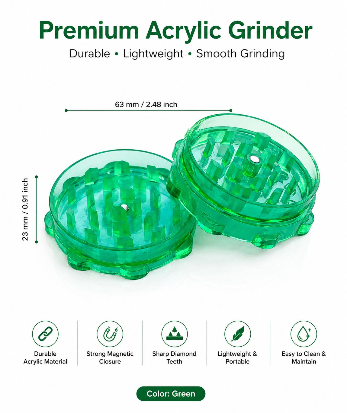 Premium Acrylic Herb & Tobacco Grinder – Sharp Diamond Teeth | Strong Magnetic Closure | Lightweight & Portable | 3 Colors