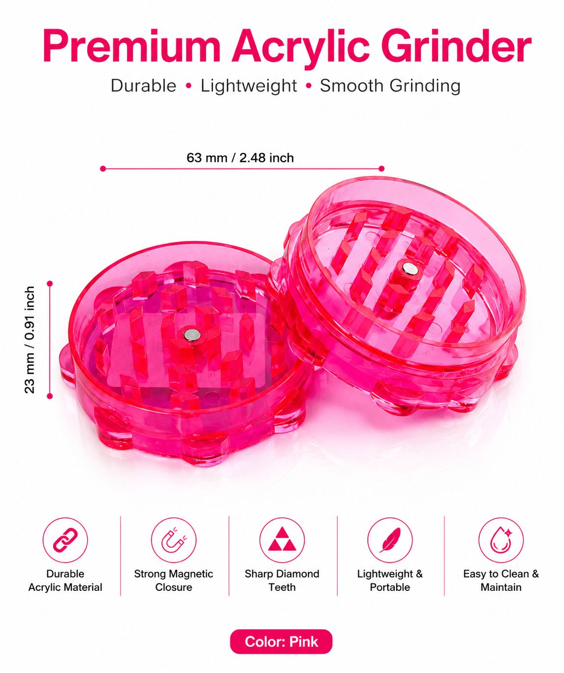 Premium Acrylic Herb & Tobacco Grinder – Sharp Diamond Teeth | Strong Magnetic Closure | Lightweight & Portable | 3 Colors
