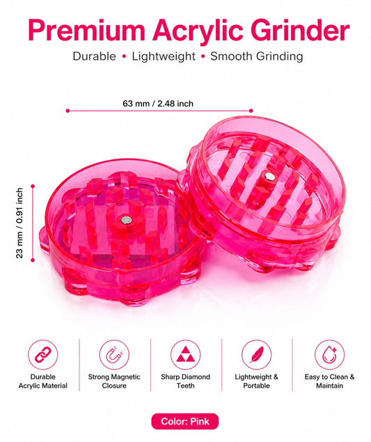 Premium Acrylic Herb & Tobacco Grinder – Sharp Diamond Teeth | Strong Magnetic Closure | Lightweight & Portable | 3 Colors