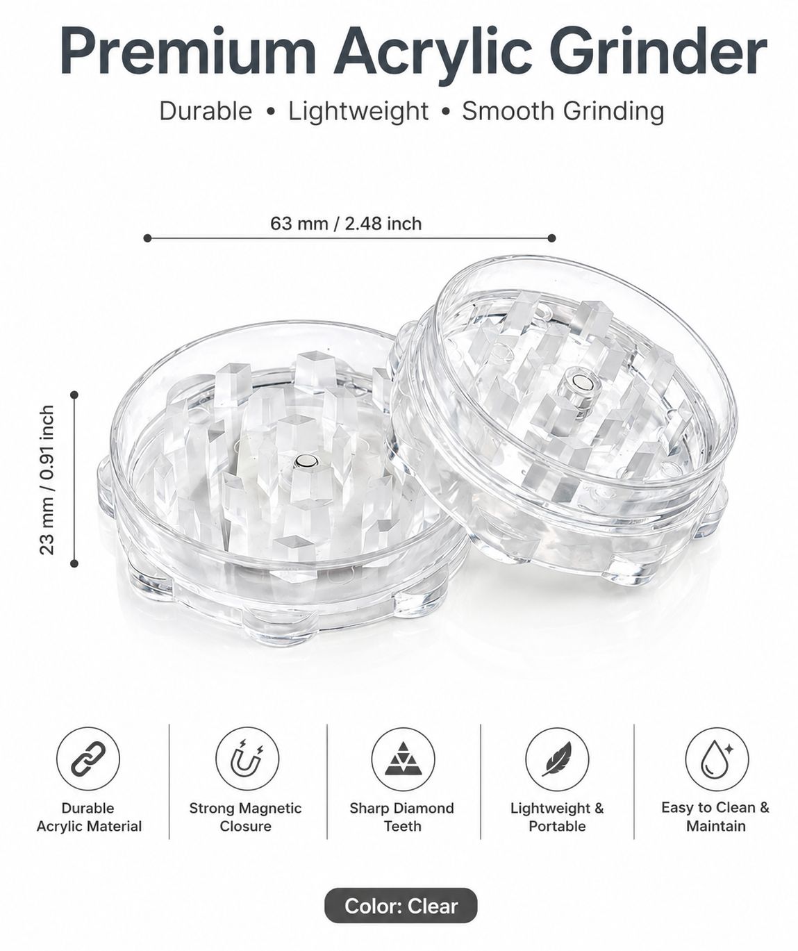 Premium Acrylic Herb & Tobacco Grinder – Sharp Diamond Teeth | Strong Magnetic Closure | Lightweight & Portable | 3 Colors