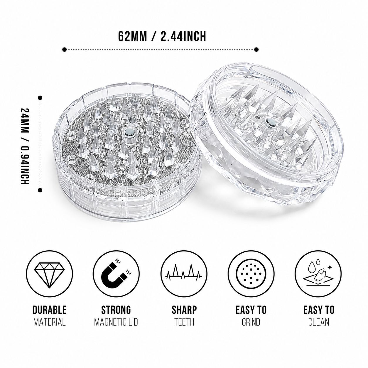 Crystal Diamond Herb & Tobacco Grinder – Sharp Teeth | Strong Magnetic Lid | 2-Piece | Available in 5 Colors