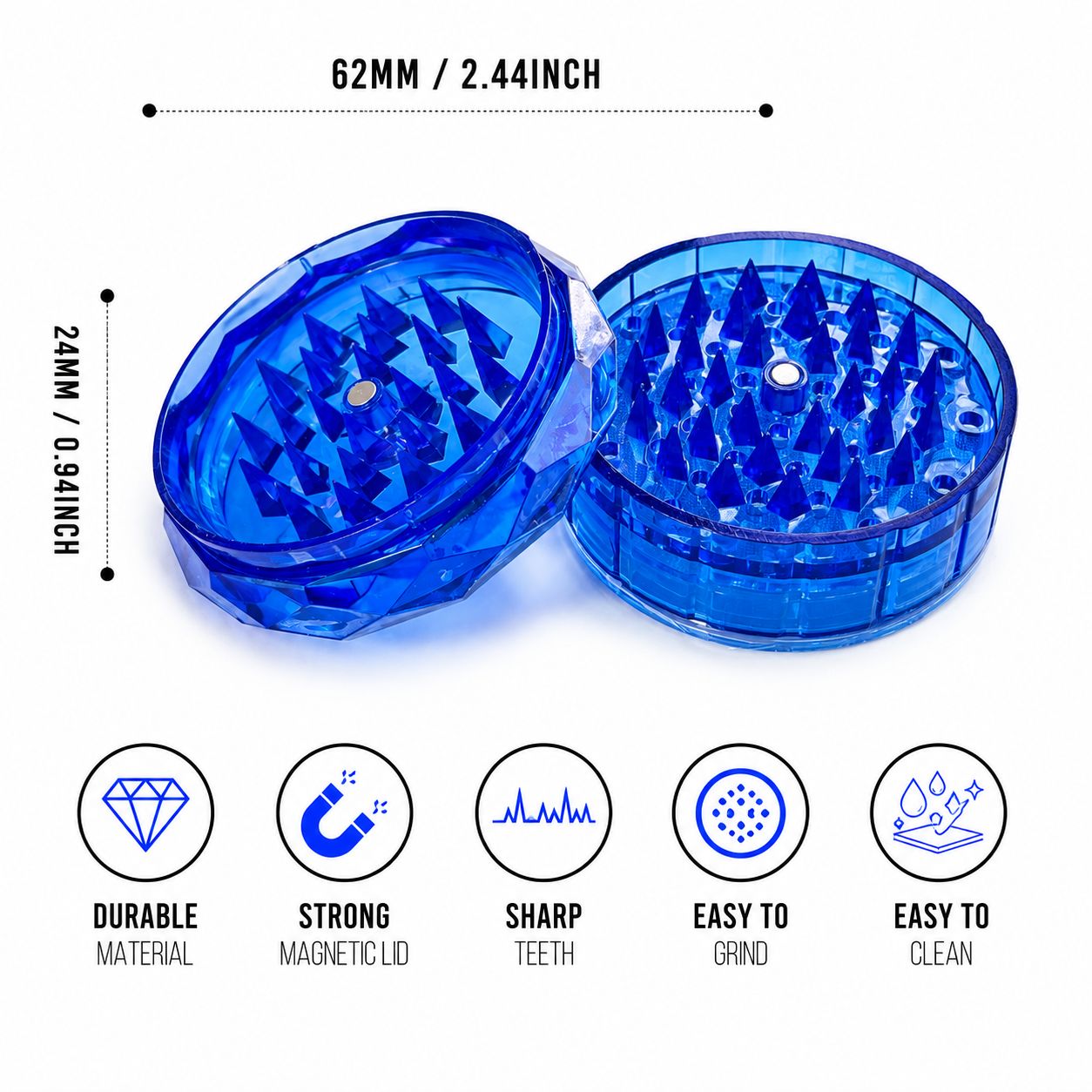 Crystal Diamond Herb & Tobacco Grinder – Sharp Teeth | Strong Magnetic Lid | 2-Piece | Available in 5 Colors