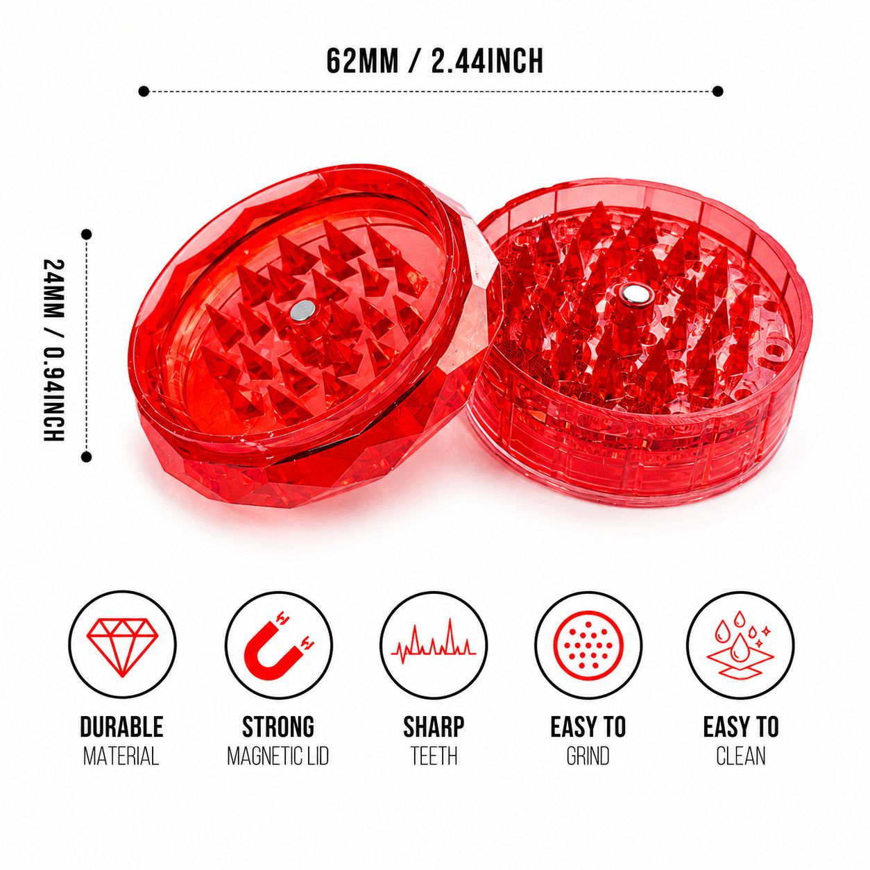 Crystal Diamond Herb & Tobacco Grinder – Sharp Teeth | Strong Magnetic Lid | 2-Piece | Available in 5 Colors