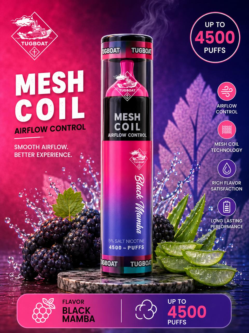 AL KHUMERY- Tugboat 4500 Mesh Coil Disposable Vape | Airflow Control | 5% Nicotine | Up to 4500 Puffs | Available in 10 Flavors