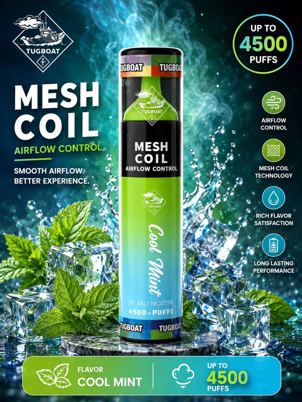 AL KHUMERY- Tugboat 4500 Mesh Coil Disposable Vape | Airflow Control | 5% Nicotine | Up to 4500 Puffs | Available in 10 Flavors