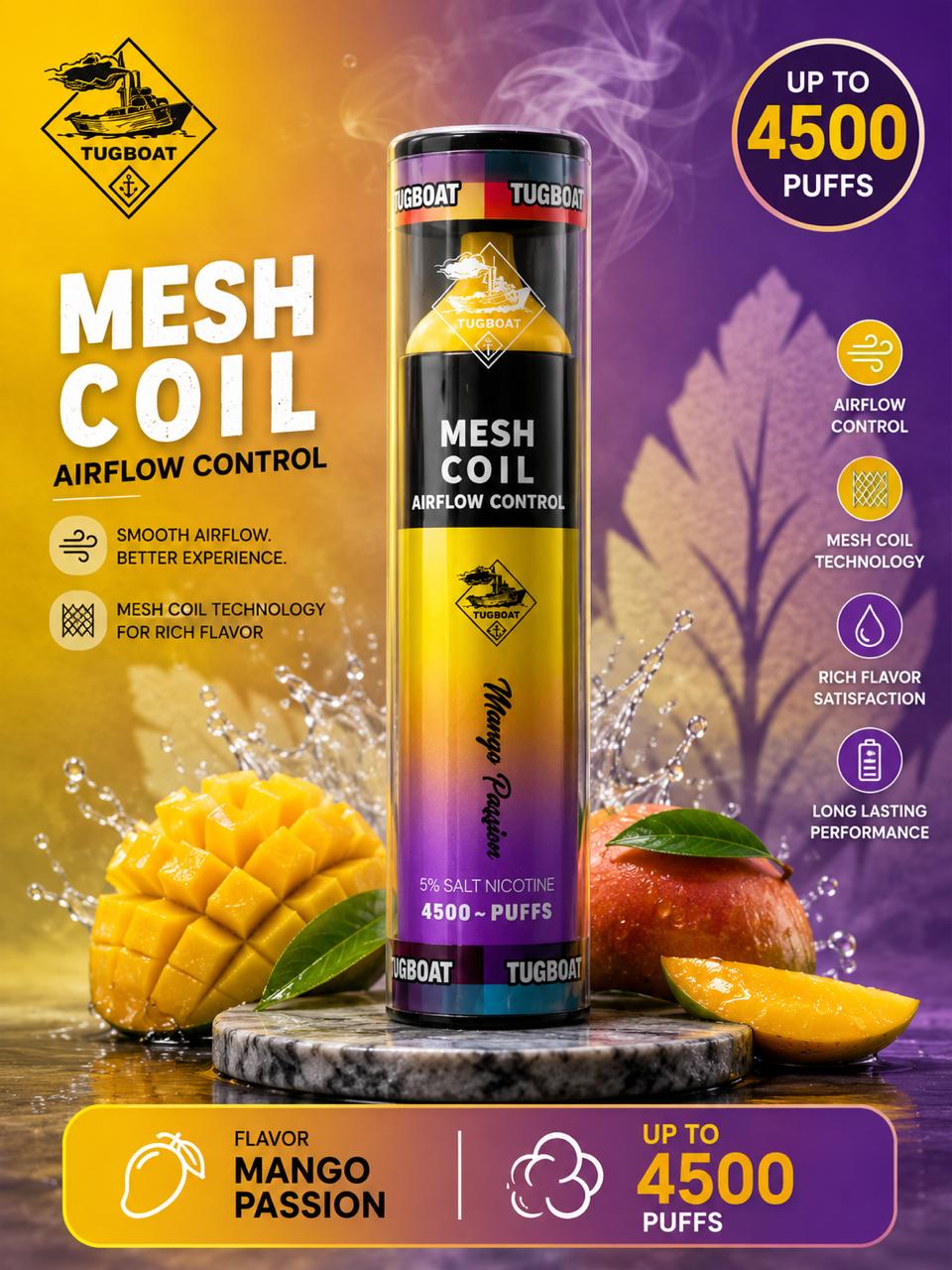 AL KHUMERY- Tugboat 4500 Mesh Coil Disposable Vape | Airflow Control | 5% Nicotine | Up to 4500 Puffs | Available in 10 Flavors