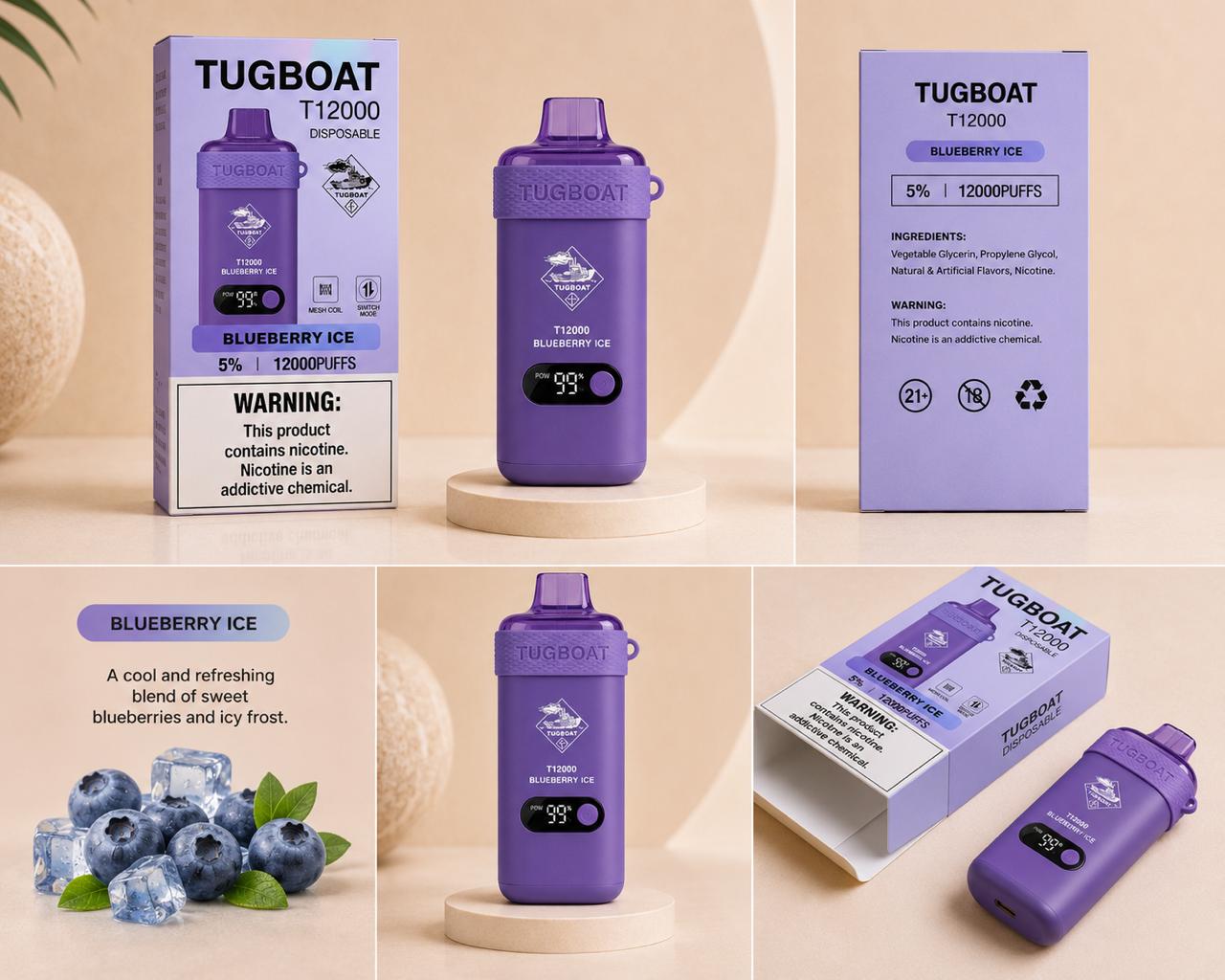 AL KHUMERY- Tugboat T12000 Disposable Vape | 12,000 Puffs | 18 Flavors | 5% Nicotine | Mesh Coil | Smart LED | Switch Mode | Type-C Charging