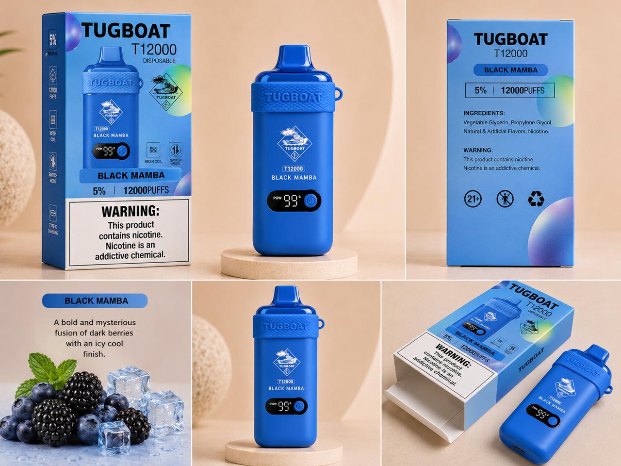 AL KHUMERY- Tugboat T12000 Disposable Vape | 12,000 Puffs | 18 Flavors | 5% Nicotine | Mesh Coil | Smart LED | Switch Mode | Type-C Charging
