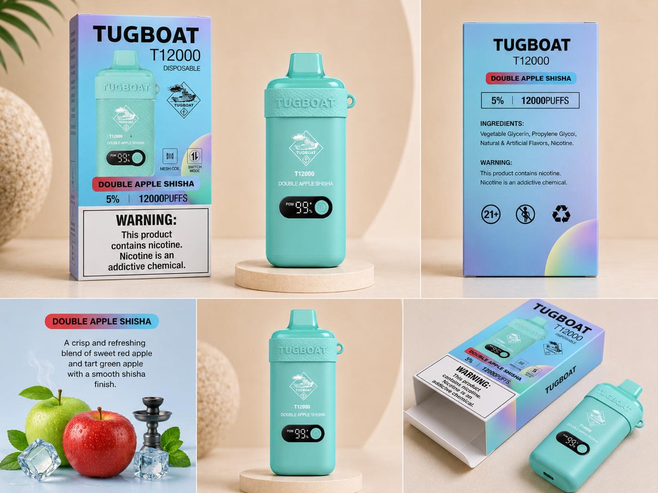 AL KHUMERY- Tugboat T12000 Disposable Vape | 12,000 Puffs | 18 Flavors | 5% Nicotine | Mesh Coil | Smart LED | Switch Mode | Type-C Charging