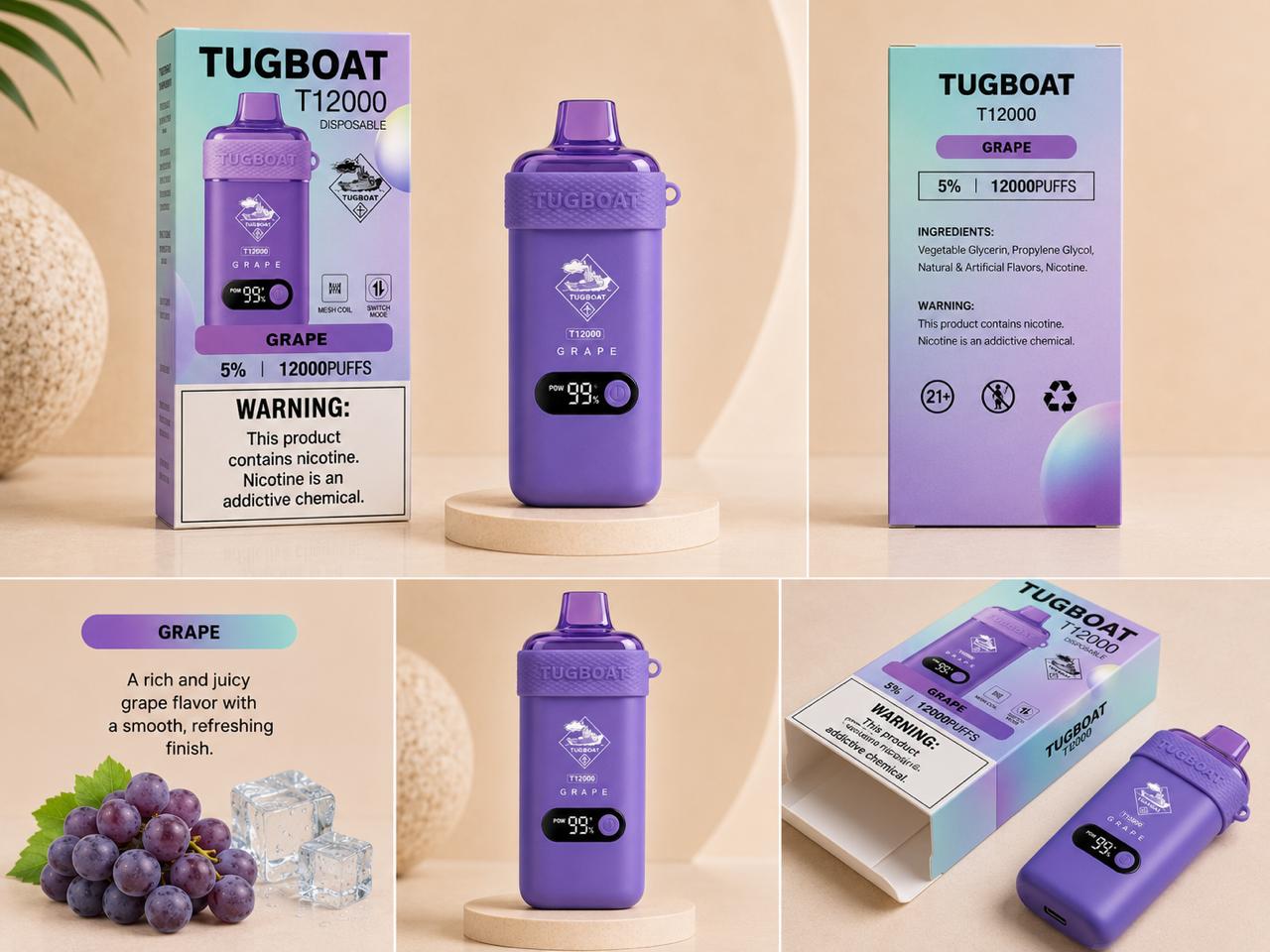 AL KHUMERY- Tugboat T12000 Disposable Vape | 12,000 Puffs | 18 Flavors | 5% Nicotine | Mesh Coil | Smart LED | Switch Mode | Type-C Charging