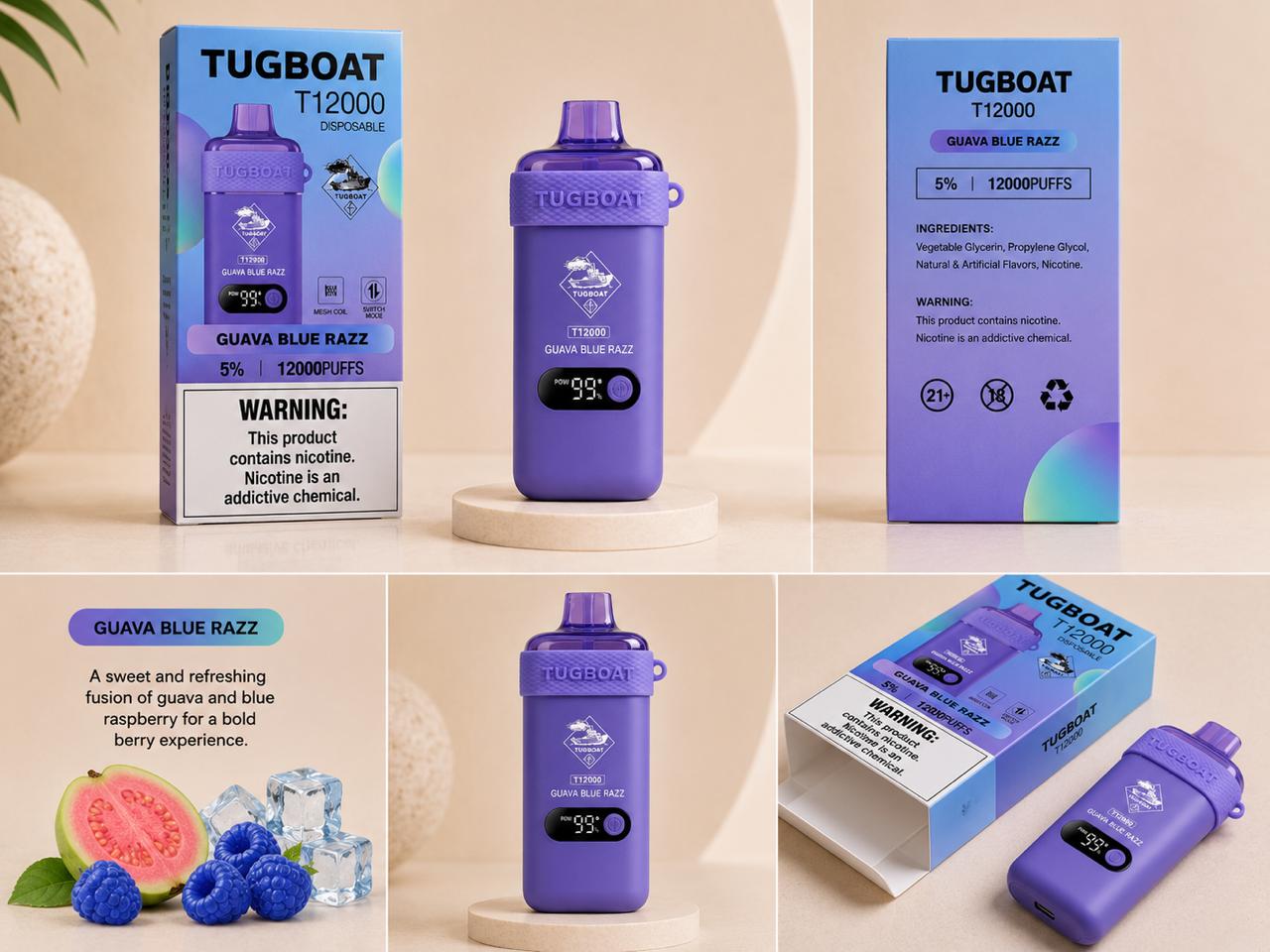 AL KHUMERY- Tugboat T12000 Disposable Vape | 12,000 Puffs | 18 Flavors | 5% Nicotine | Mesh Coil | Smart LED | Switch Mode | Type-C Charging