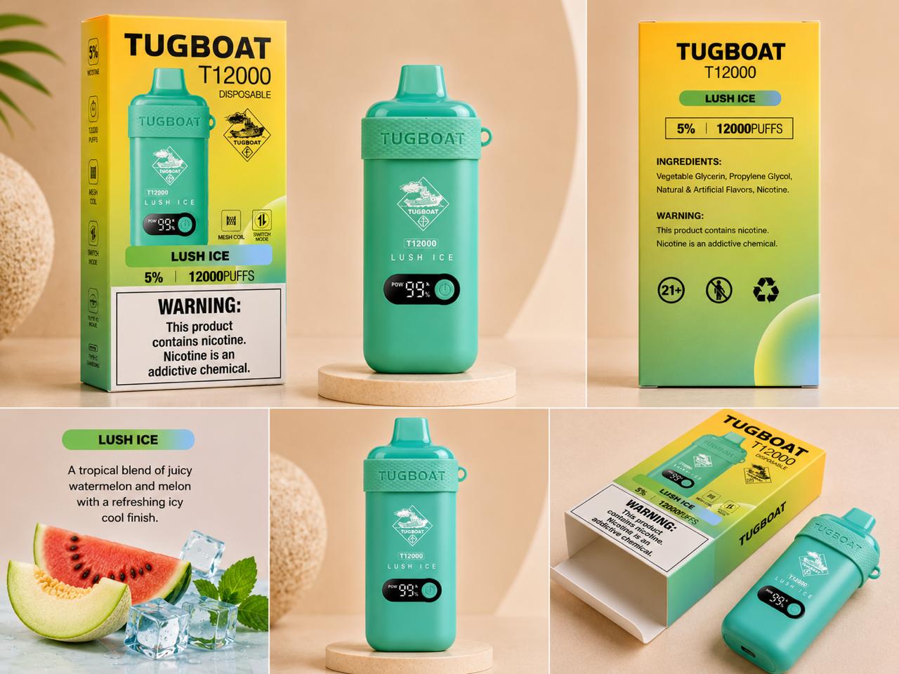 AL KHUMERY- Tugboat T12000 Disposable Vape | 12,000 Puffs | 18 Flavors | 5% Nicotine | Mesh Coil | Smart LED | Switch Mode | Type-C Charging