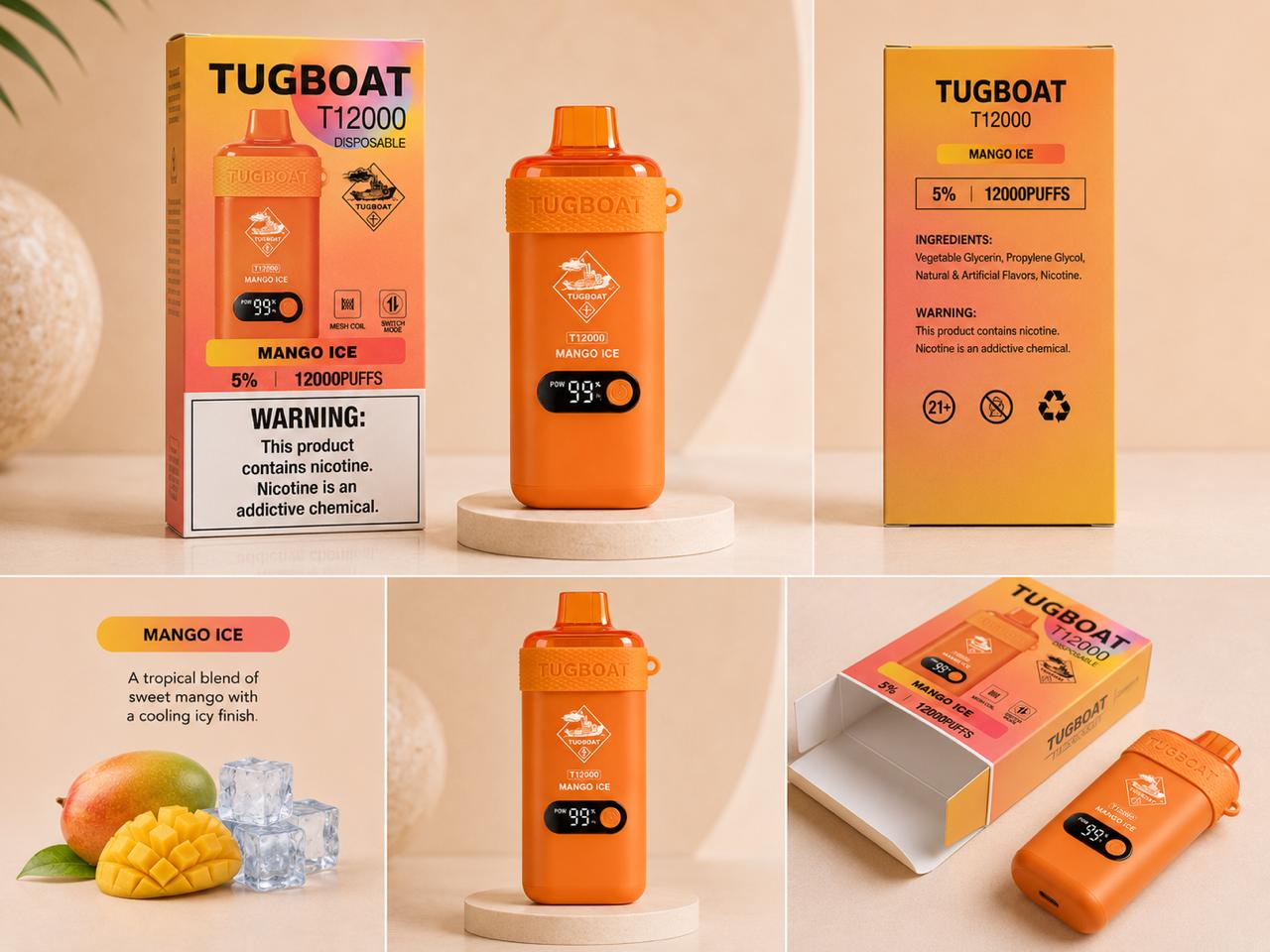 AL KHUMERY- Tugboat T12000 Disposable Vape | 12,000 Puffs | 18 Flavors | 5% Nicotine | Mesh Coil | Smart LED | Switch Mode | Type-C Charging