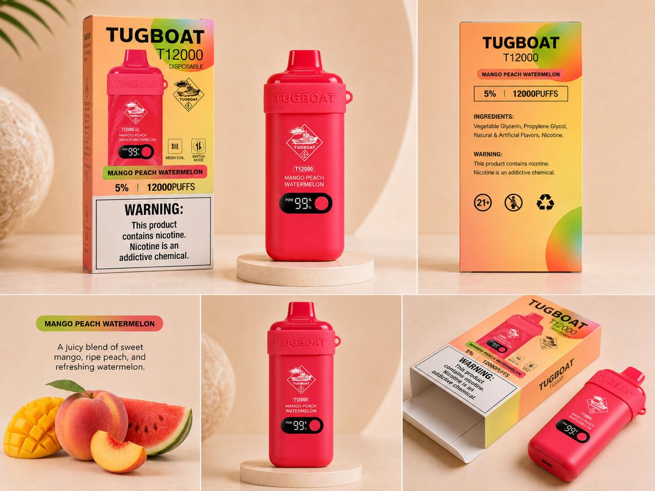 AL KHUMERY- Tugboat T12000 Disposable Vape | 12,000 Puffs | 18 Flavors | 5% Nicotine | Mesh Coil | Smart LED | Switch Mode | Type-C Charging