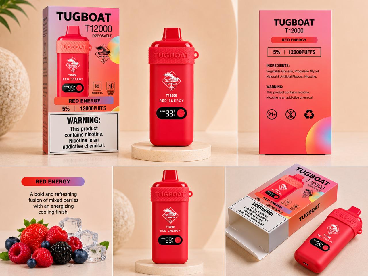 AL KHUMERY- Tugboat T12000 Disposable Vape | 12,000 Puffs | 18 Flavors | 5% Nicotine | Mesh Coil | Smart LED | Switch Mode | Type-C Charging