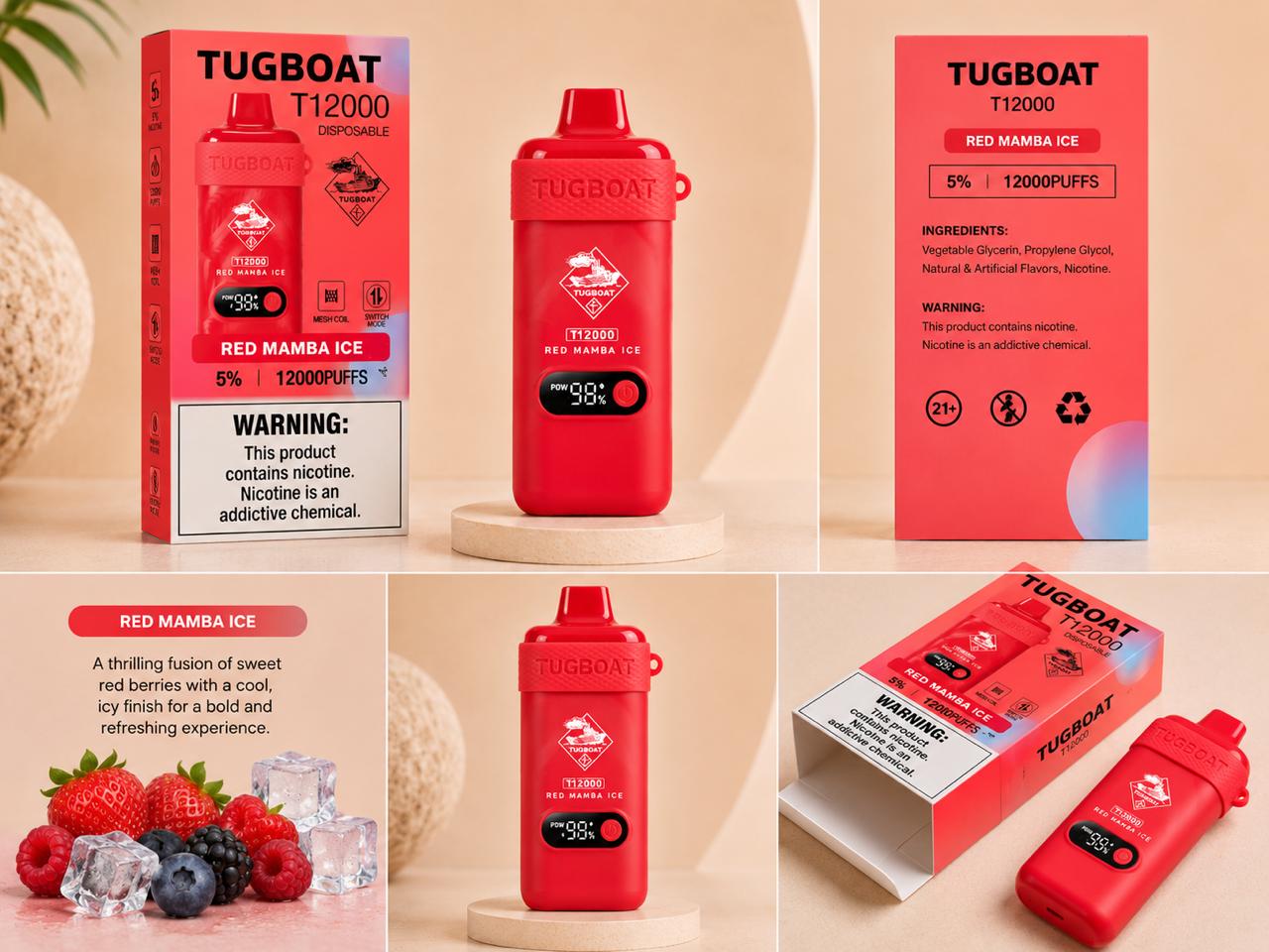 AL KHUMERY- Tugboat T12000 Disposable Vape | 12,000 Puffs | 18 Flavors | 5% Nicotine | Mesh Coil | Smart LED | Switch Mode | Type-C Charging