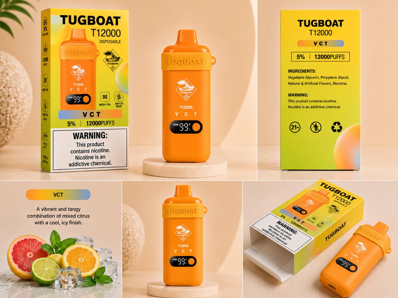 AL KHUMERY- Tugboat T12000 Disposable Vape | 12,000 Puffs | 18 Flavors | 5% Nicotine | Mesh Coil | Smart LED | Switch Mode | Type-C Charging