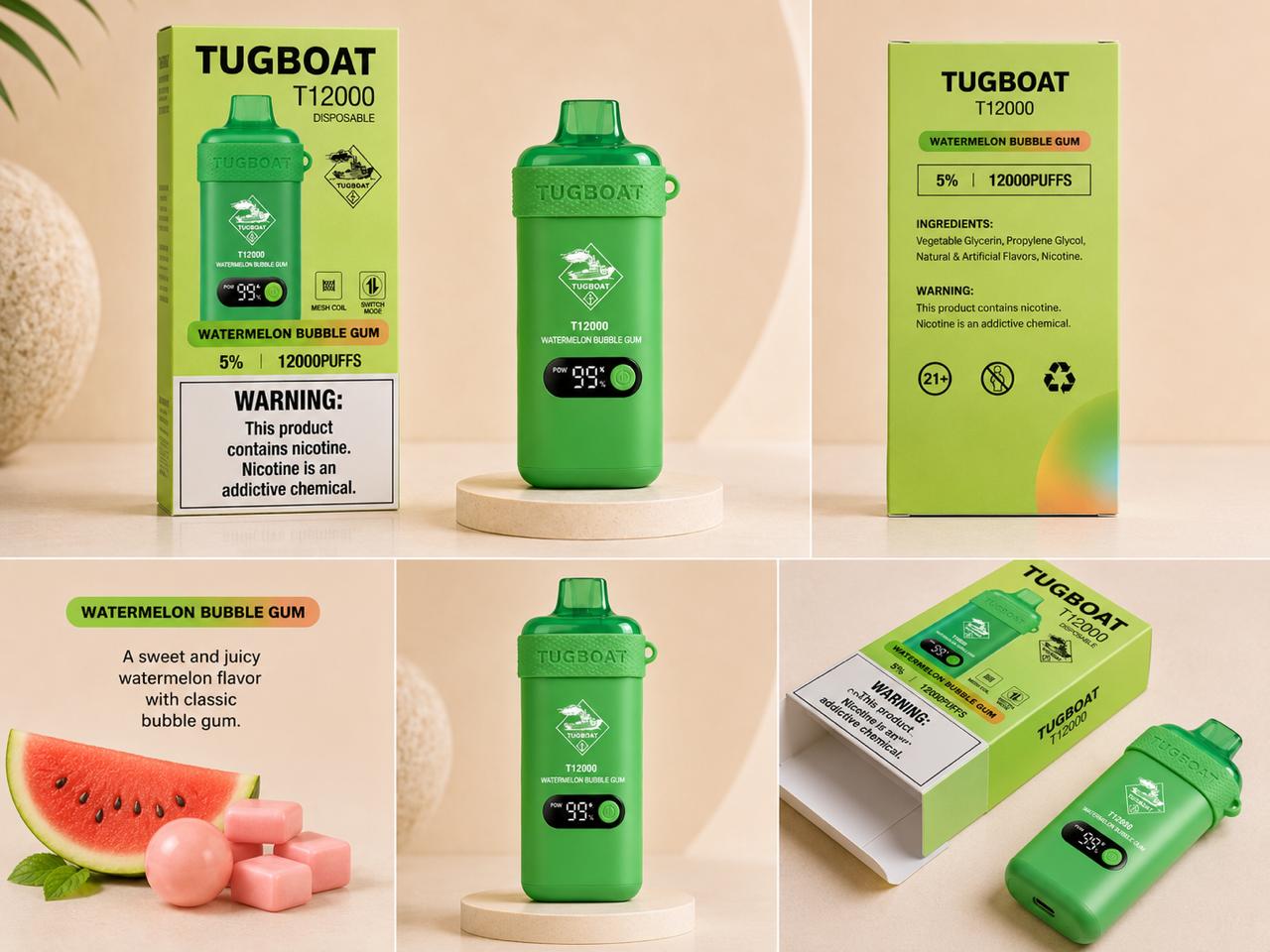 AL KHUMERY- Tugboat T12000 Disposable Vape | 12,000 Puffs | 18 Flavors | 5% Nicotine | Mesh Coil | Smart LED | Switch Mode | Type-C Charging