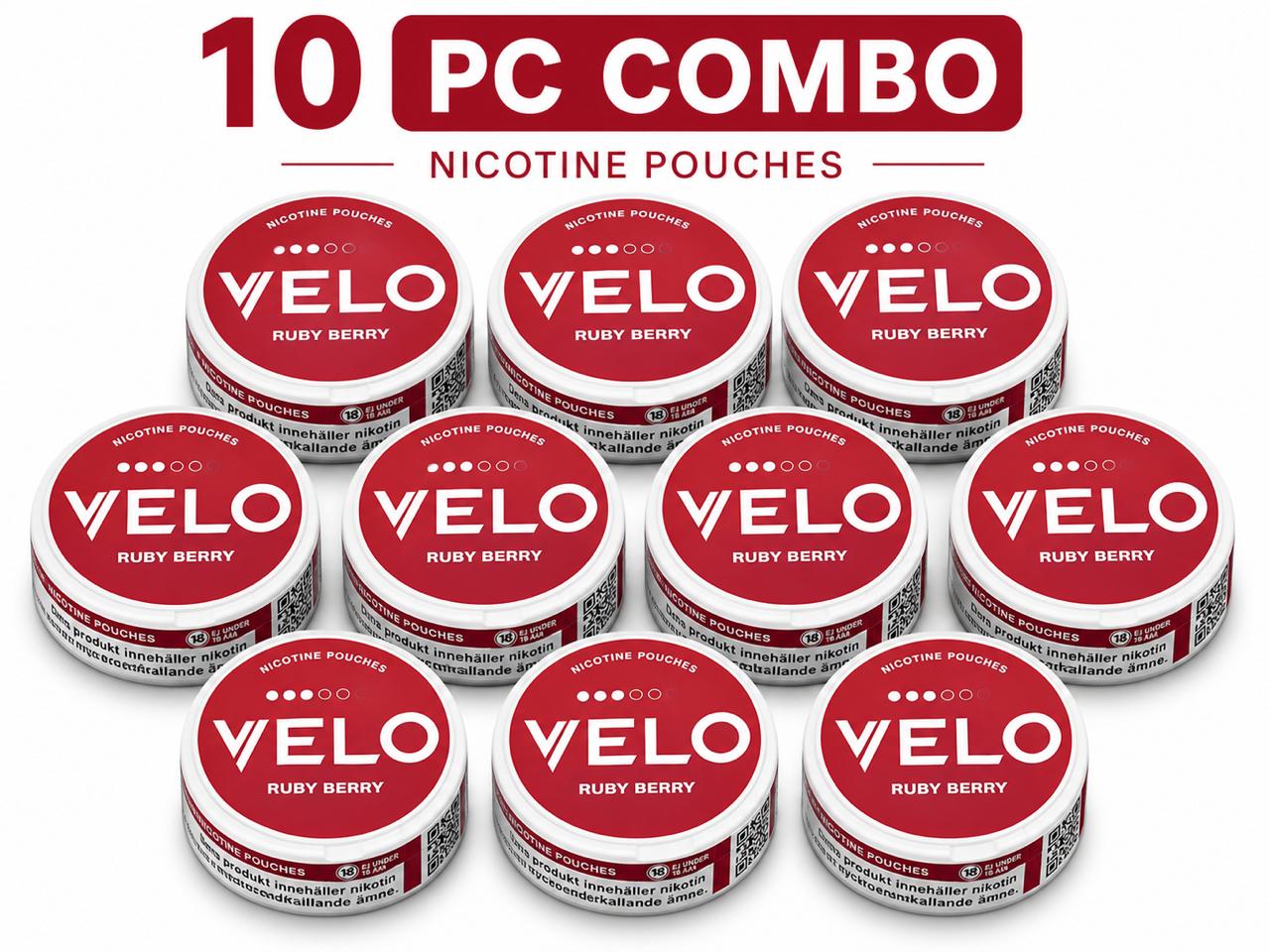 AL KHUMERY VELO Nicotine Pouches | 10 PC Combo Pack | Peppermint Storm / Freezing Peppermint / Crispy Peppermint / Ruby Berry | Tobacco-Free Nicotine Pouches | Made in Sweden | UAE