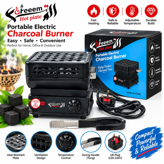 Kareem Portable Electric Charcoal Burner with UK Plug & Tongs – Fast Heating Shisha Coal Starter, Adjustable Temperature