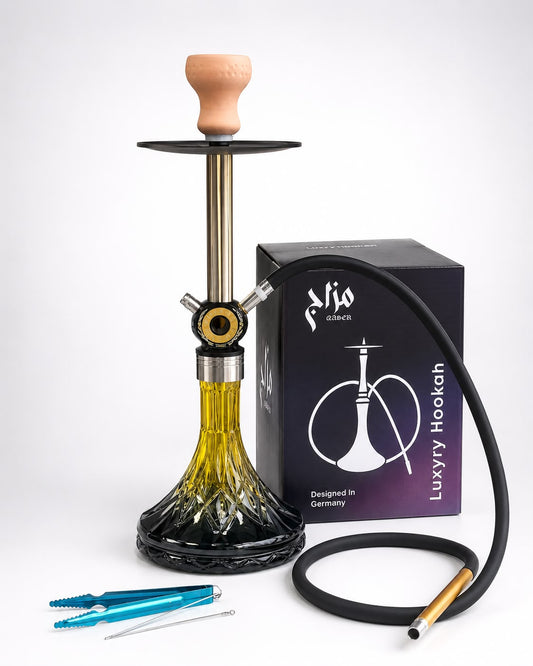 Qaden Luxury Glass Hookah Set – Premium Crystal-Cut Base with Stainless Steel Stem, Silicone Hose & Clay Bowl – Designed in Germany – Complete Shisha Kit with Tongs & Cleaning Brush