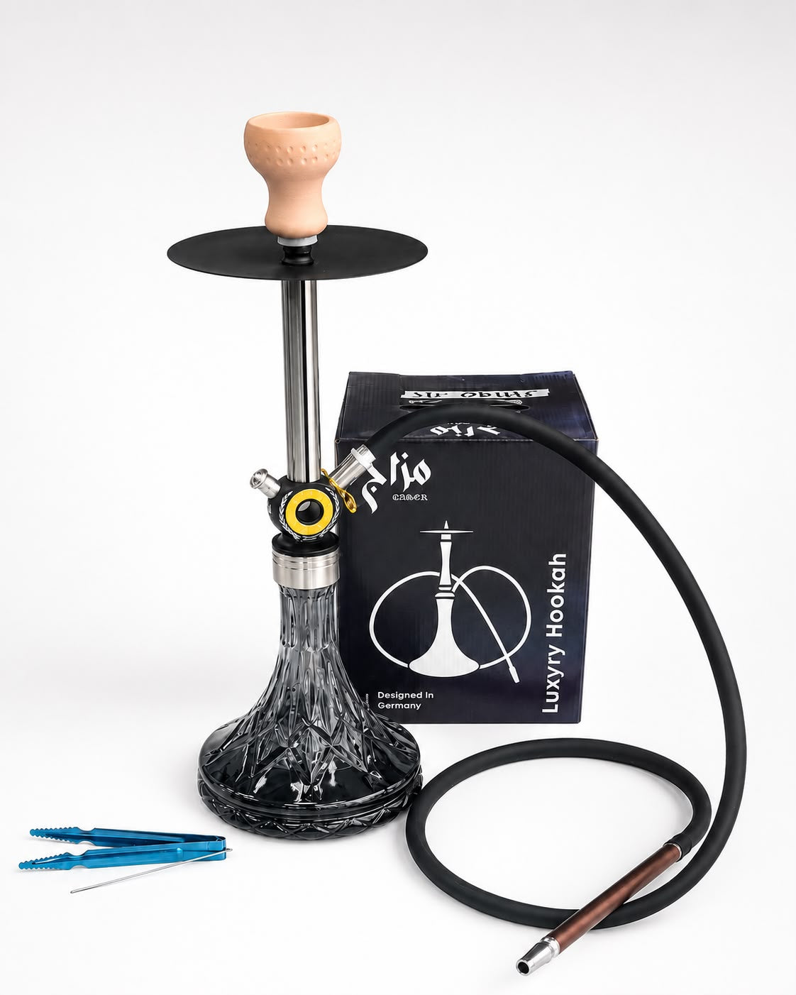 Qaden Luxury Glass Hookah Set – Premium Crystal-Cut Base with Stainless Steel Stem, Silicone Hose & Clay Bowl – Designed in Germany – Complete Shisha Kit with Tongs & Cleaning Brush