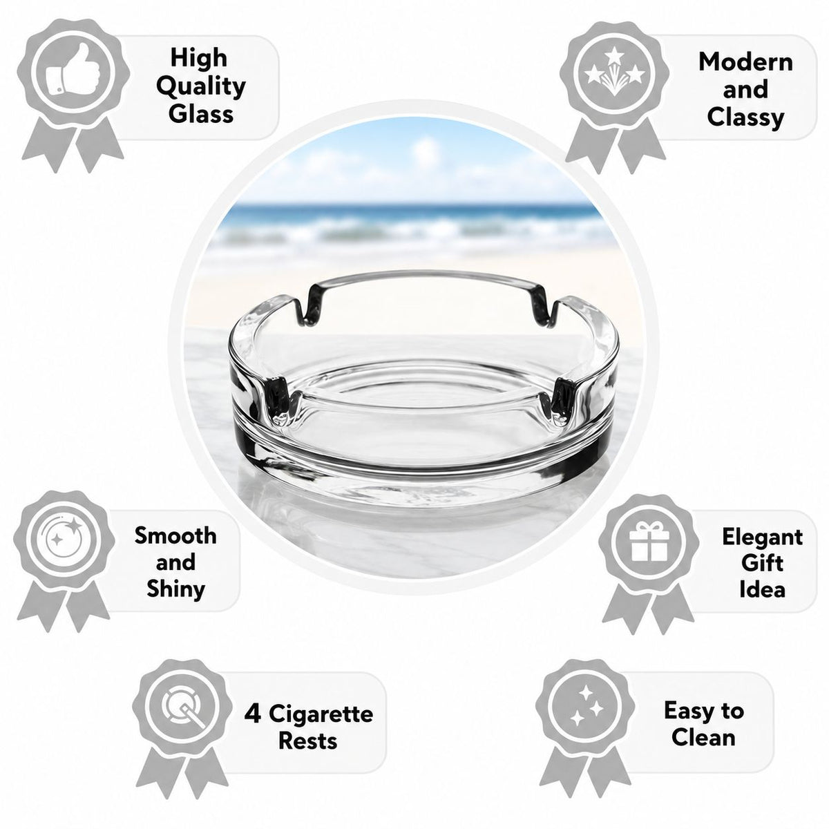 AL KHUMERY Heavy Glass Ashtray | 4-Rest Ribbed Round | Heat Resistant | Indoor Outdoor Smoking Accessory In UAE