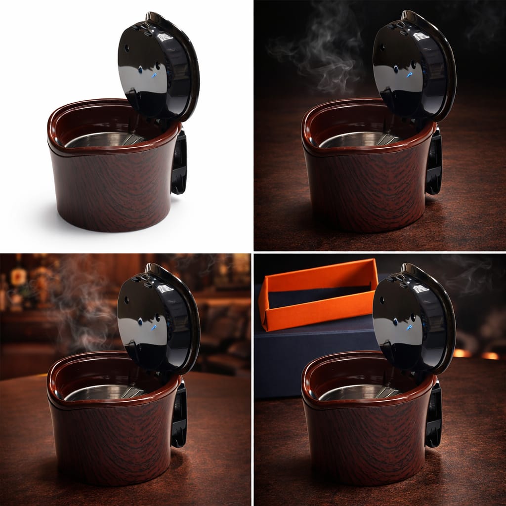 Al Khumery Flip-Lid Portable Ashtray – Wood Grain Finish with Steel Inner & Odor-Seal Lock In UAE