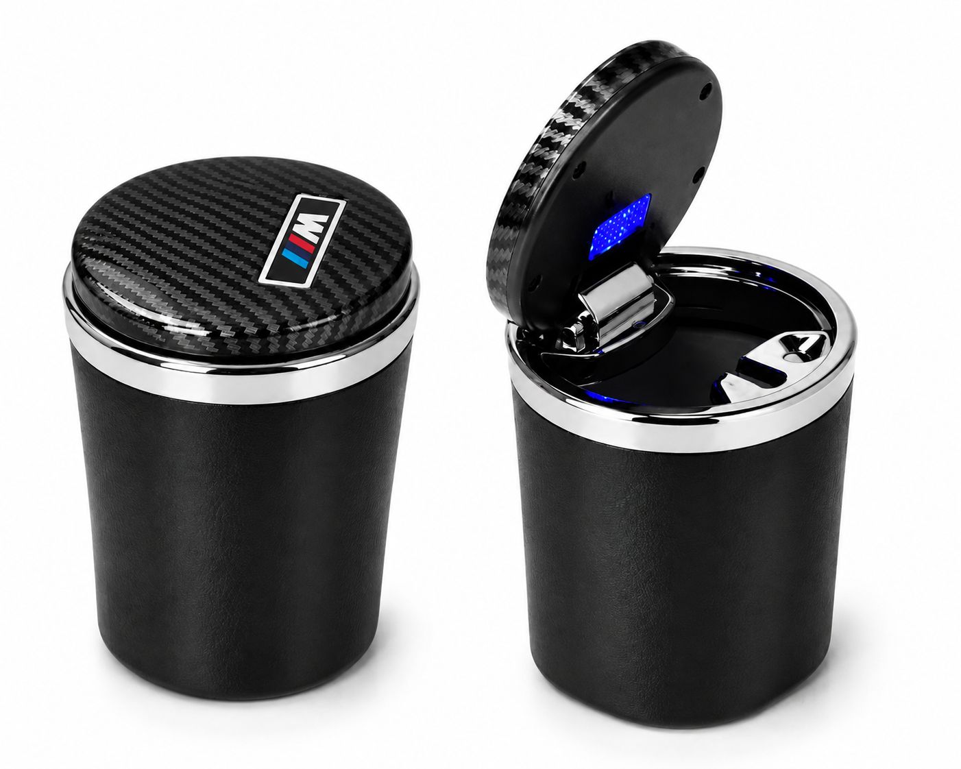AL KHUMERY- Premium Car Ashtray with LED Light & Carbon Fiber Lid | BMW M Sport Edition | Leather Texture Body | Chrome Ring | Cup Holder Fit | Luxury Car Interior Accessory | Available in LED & M Badge Style