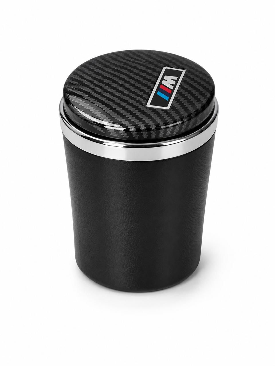 AL KHUMERY- Premium Car Ashtray with LED Light & Carbon Fiber Lid | BMW M Sport Edition | Leather Texture Body | Chrome Ring | Cup Holder Fit | Luxury Car Interior Accessory | Available in LED & M Badge Style