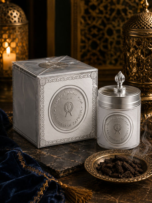 Bakhoor Ma’mool Baq Haayam Zaffron – Premium Saffron Arabian Incense | Luxury Silver Tin | Long-Lasting Rich Fragrance | Elegant Gift Box