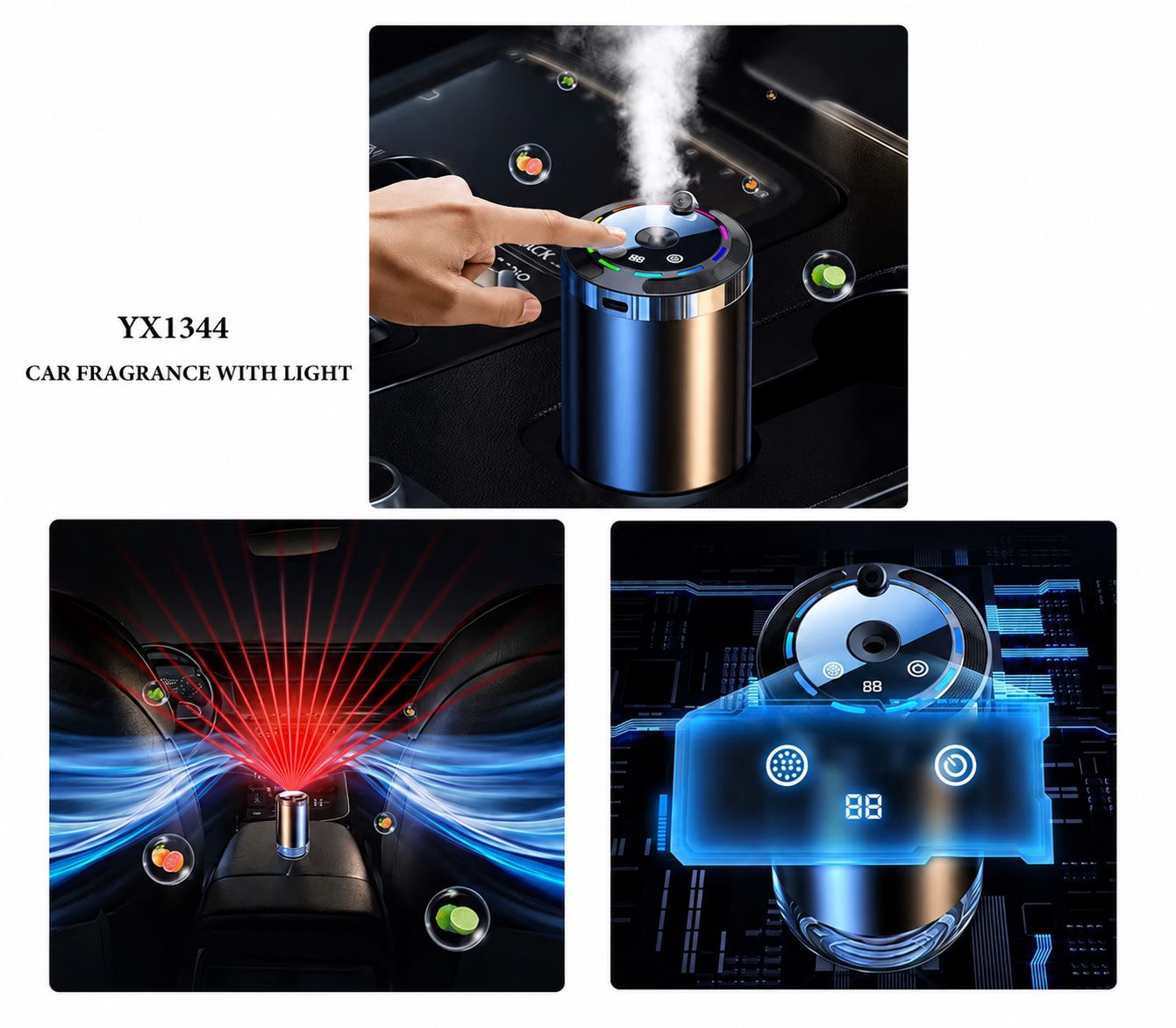 AL KHUMERY - LUXORA Car Aroma Diffuser with RGB LED Atmosphere Light | USB-C Rechargeable | Smart Timer Display | Cup Holder Humidifier Air Freshener
