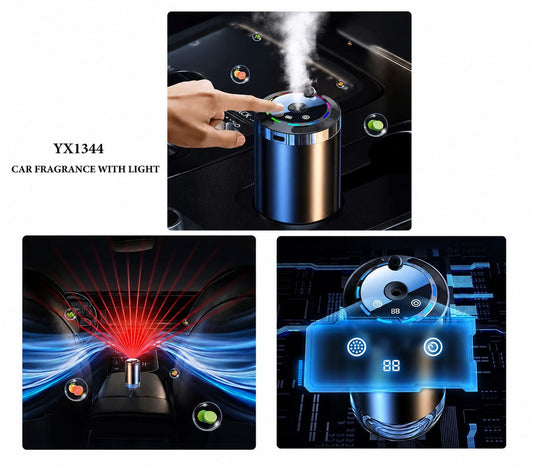 الخميري - موزع عطر السيارة لوكسورا مع ضوء جو RGB LED | قابل لإعادة الشحن بمنفذ USB-C | شاشة توقيت ذكية | مرطب وحامل أكواب معطر جو