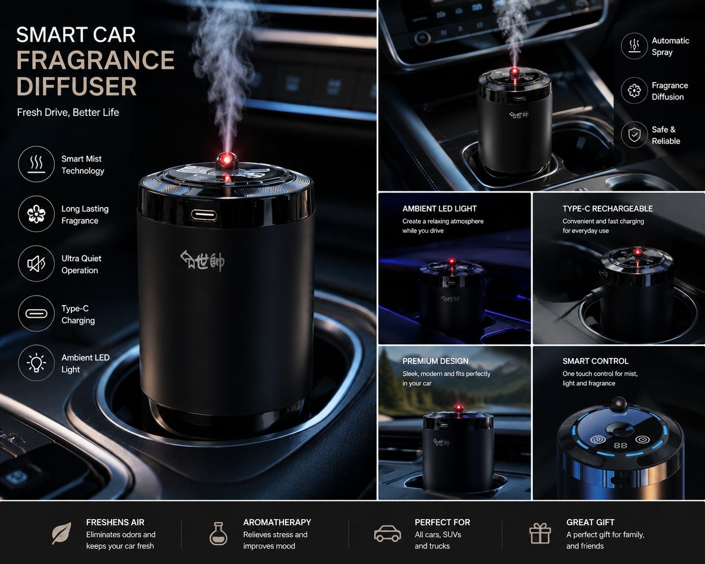 AL KHUMERY - LUXORA Car Aroma Diffuser with RGB LED Atmosphere Light | USB-C Rechargeable | Smart Timer Display | Cup Holder Humidifier Air Freshener
